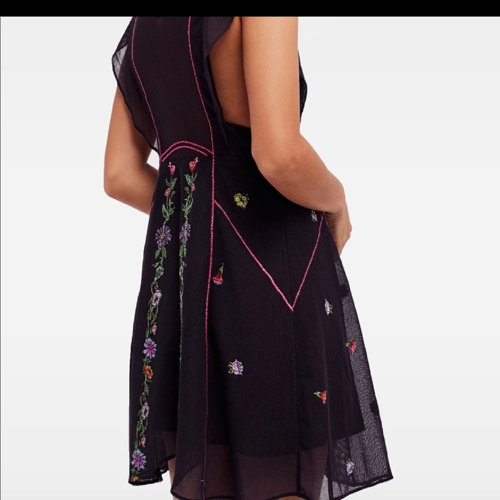 Free People Black Mini Dress with Floral Embroidery